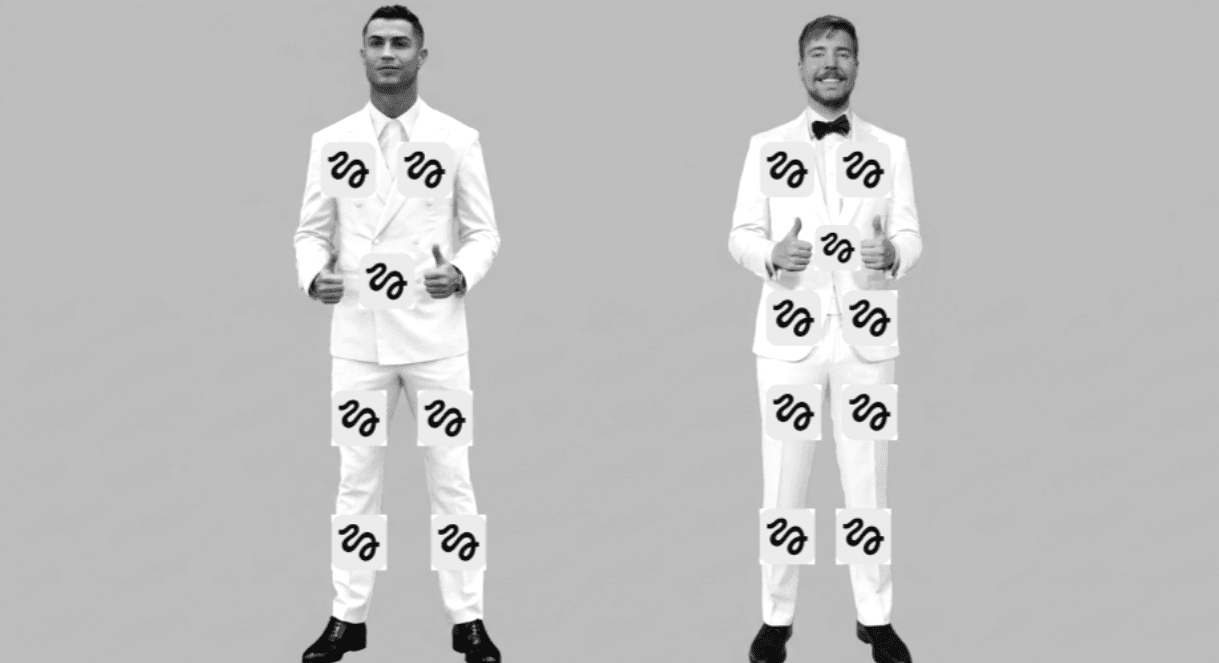 Ronaldo and MrBeast in matching white suits with sponsor spots